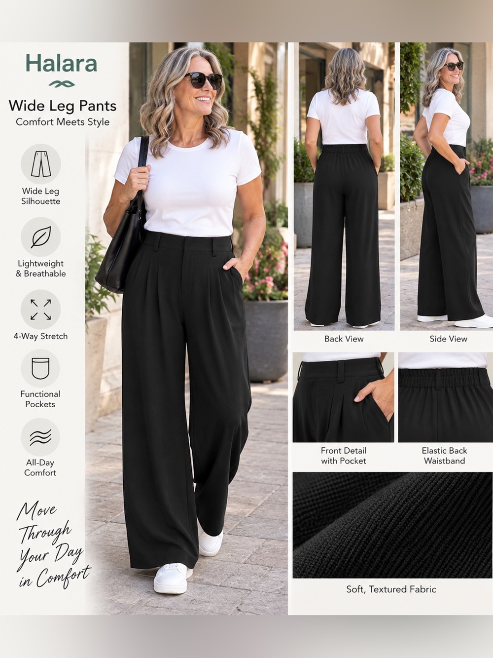 HALARA Black Wide Leg Pull-On Pants